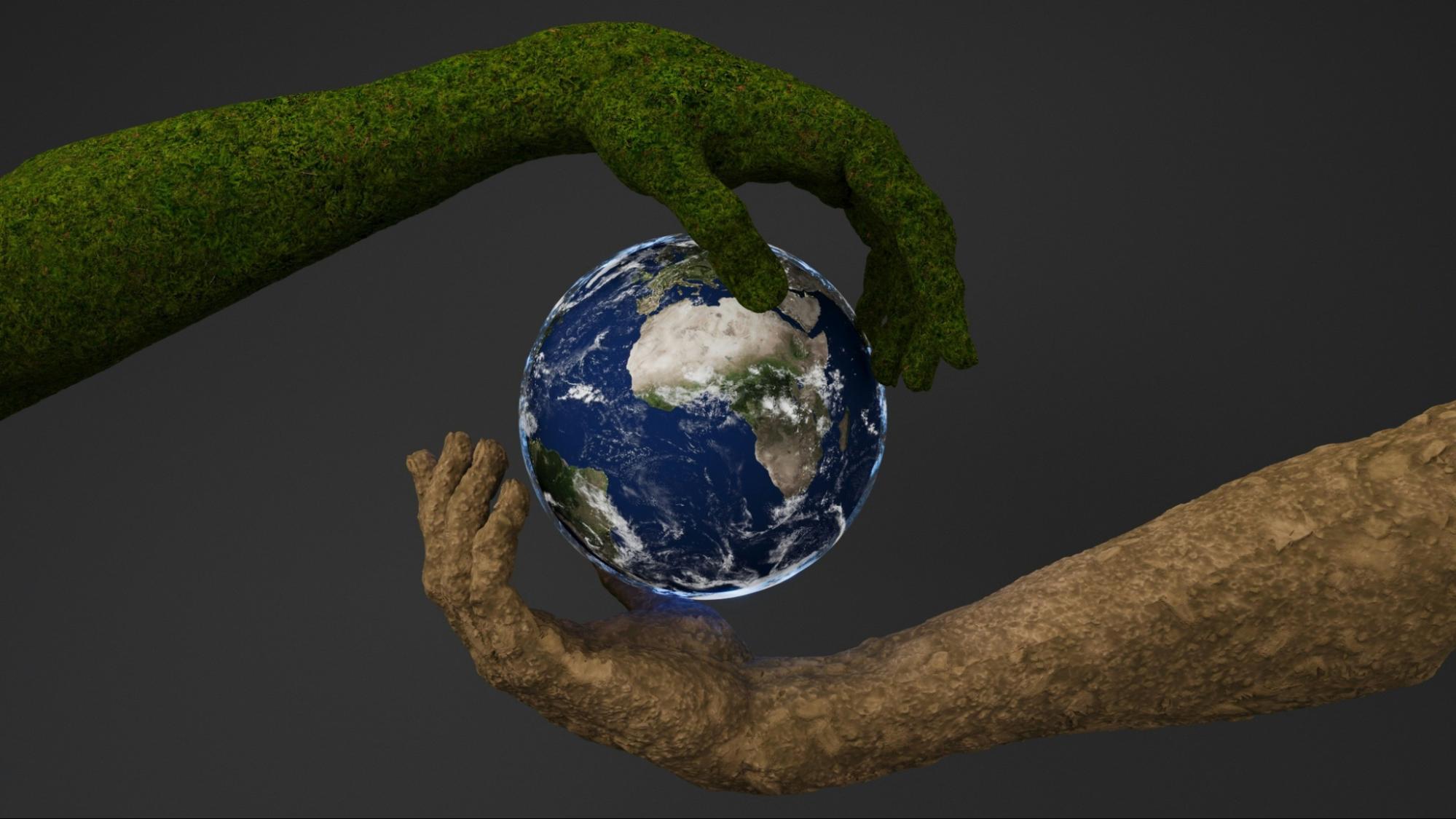 Image of the planet and two hands representing environmentally-friendly practices.